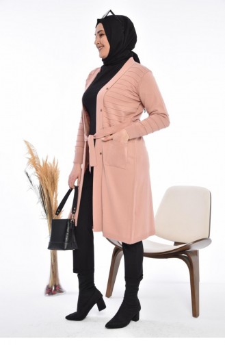 Women`s Knitwear Long Cardigan With Pocket V-Neck 8180 Pink 8180.Pembe