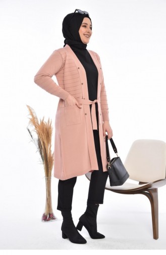 Damen-Strickjacke Lang Mit Tasche V-Ausschnitt 8180 Rosa 8180.Pembe