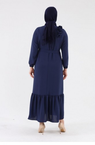 Women`s Large Size Hijab Shoulder Ruffle Dress 8207 Navy Blue 8207.Lacivert