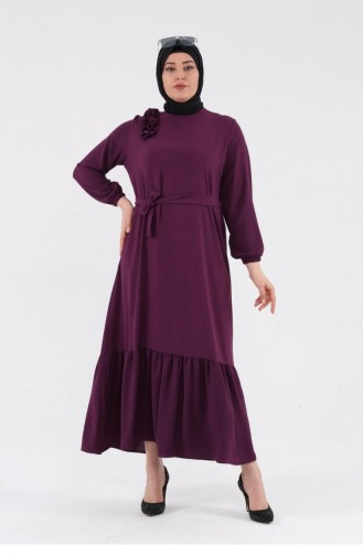 Women`s Large Size Hijab Dress With Frilled Shoulders 8207 Plum 8207.Mürdüm