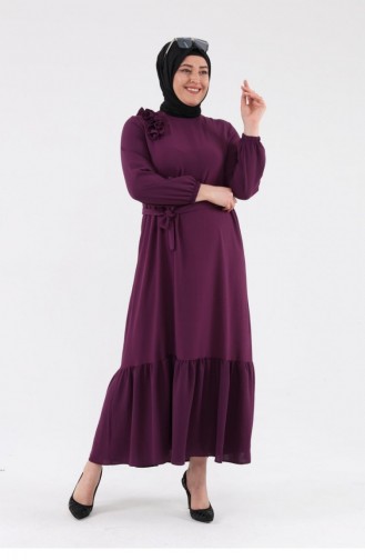 Women`s Large Size Hijab Dress With Frilled Shoulders 8207 Plum 8207.Mürdüm
