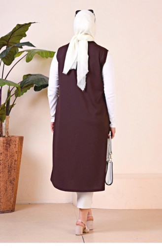 Women`s Leather Pocketed Large Size Long Vest 8429 Bitter Brown 8429.ACI KAHVE