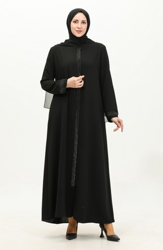 Plus Size Stone Printed Abaya 5067-01 Black 5067-01