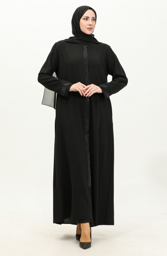 Plus Size Stone Printed Abaya 5066-01 Black 5066-01