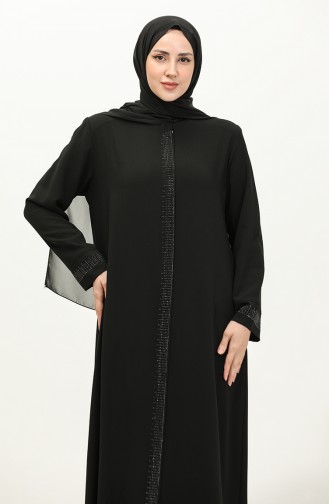 Plus Size Stone Printed Abaya 5067-01 Black 5067-01