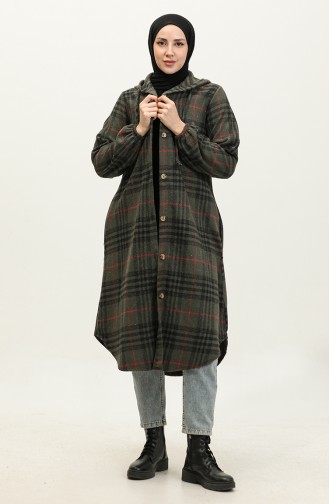 Plaid Pattern Hooded Coat NZR001L-02 Khaki 001L-02