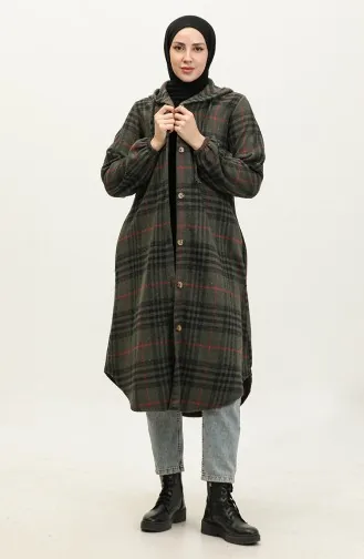 Manteau à Capuche à Motif écossais NZR001L-02 Kaki 001L-02
