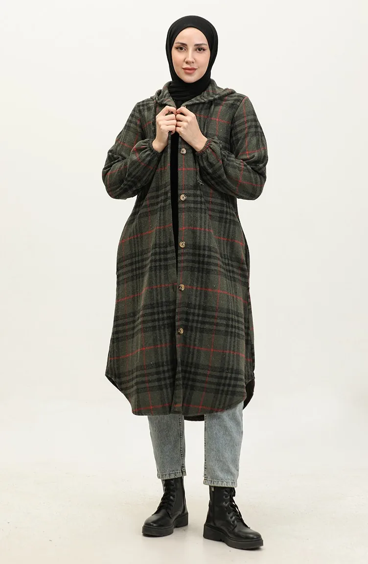 Manteau à Capuche à Motif écossais NZR001L-02 Kaki 001L-02