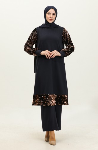 Sequined Evening Dress Tunic Trousers Double Suit 0318-03 Navy Blue 0318-03