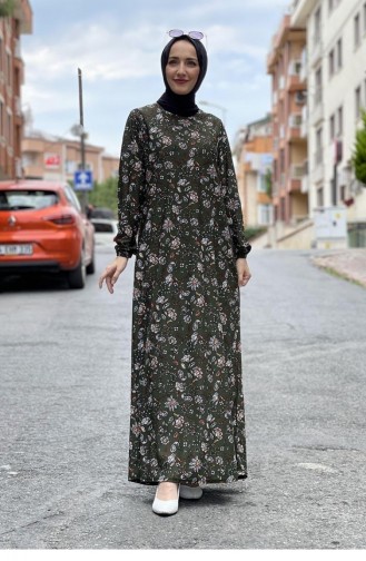 Robe Hijab à Motifs 1808-01 Khaki 1808-01