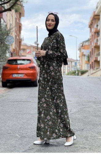 Robe Hijab à Motifs 1808-01 Khaki 1808-01