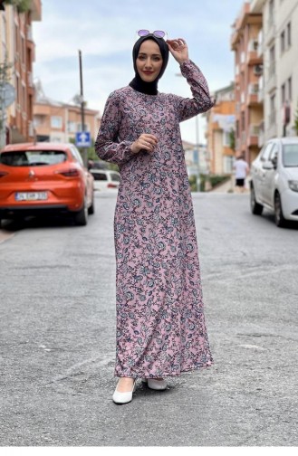 Desenli Tesettür Elbise 1808-02 Pudra