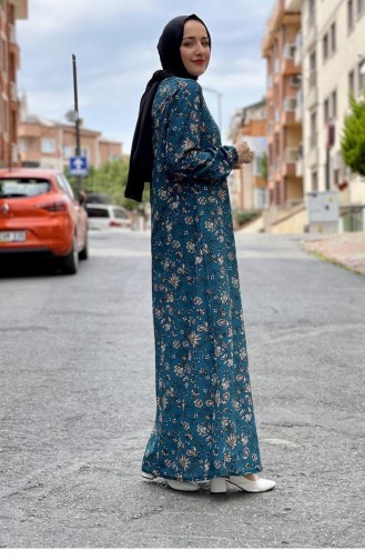 فستان للحجاب بتصميم مُطبع 1808-04 لون بترولي 1808-04