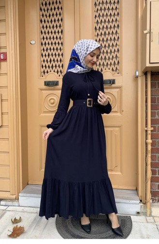 0220Sgs فستان حجاب بتفاصيل حزام أزرق داكن 5603