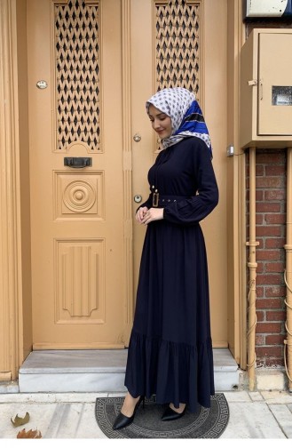 0220Sgs Robe Hijab Détail Ceinture Bleu Marine 5603