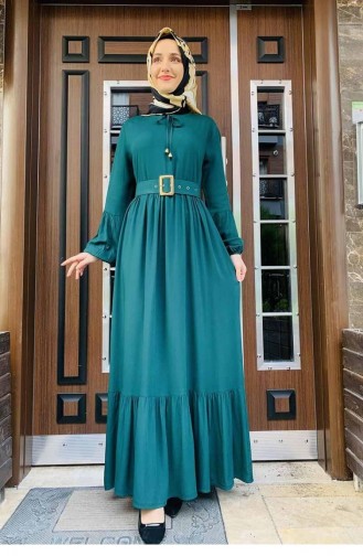 0220Sgs Robe Hijab Détail Ceinture Vert Émeraude 5761