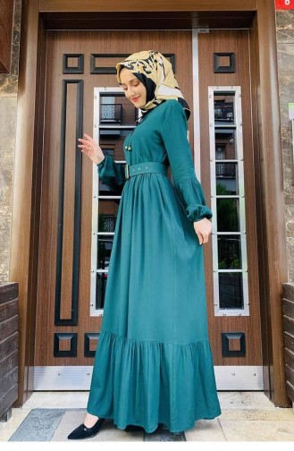 0220Sgs فستان حجاب بتفاصيل حزام أخضر زمردي 5761