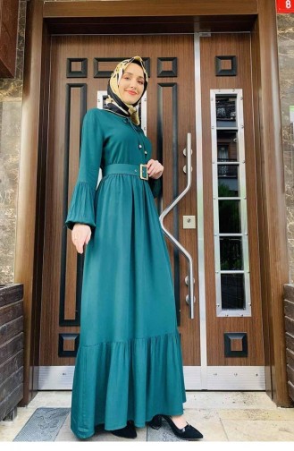 0220Sgs فستان حجاب بتفاصيل حزام أخضر زمردي 5761