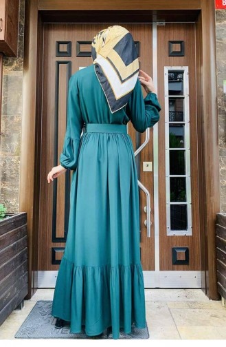 0220Sgs Robe Hijab Détail Ceinture Vert Émeraude 5761