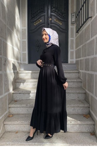 Robe Hijab Détaillée Avec Ceinture 0220Sgs Noire 5765