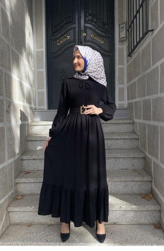 0220Sgs Riem Gedetailleerde Hijab-jurk Zwart 5765