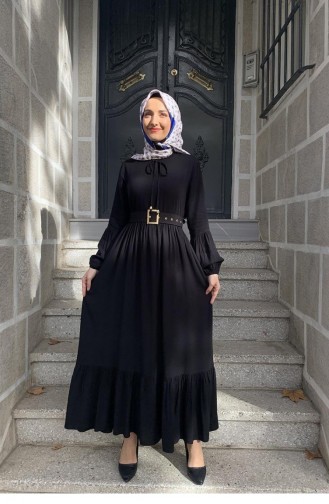 0220Sgs Belt Detailed Hijab Dress Black 5765