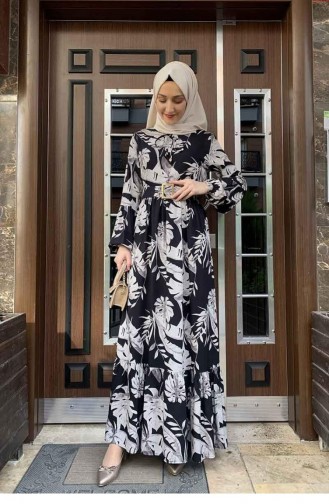 Palm Tree Patterned Dress 0228-07 Black Mink 0228-07