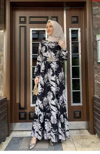 Palm Tree Patterned Dress 0228-07 Black Mink 0228-07