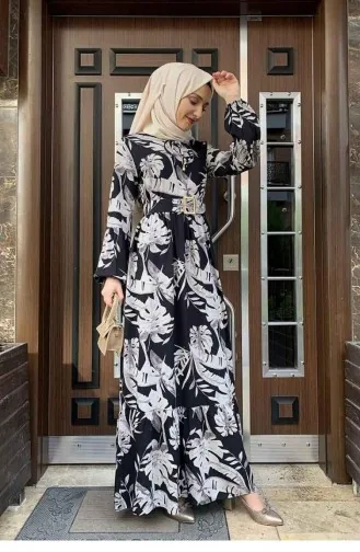 Palm Tree Patterned Dress 0228-07 Black Mink 0228-07