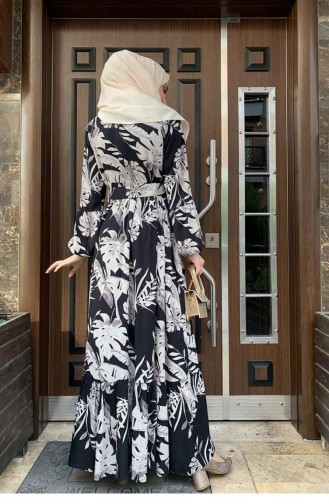 Palm Tree Patterned Dress 0228-07 Black Mink 0228-07