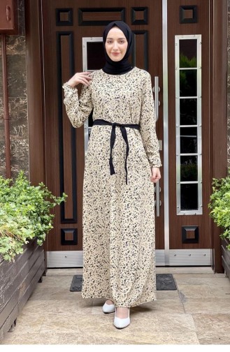Robe Hijab à Motifs 1807-02 Beige 1807-02