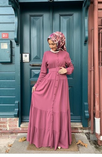 0222Sgs فستان حجاب بأزرار وردي مغبر 5844