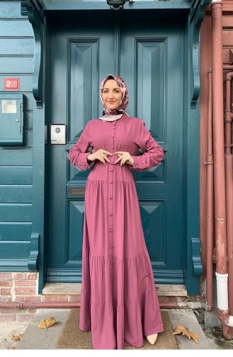 0222Sgs فستان حجاب بأزرار وردي مغبر 5844