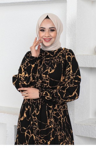 0291Sgs Marble Patterned Hijab Dress Black 5852