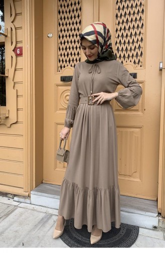 0220Sgs Belt Detailed Hijab Dress Mink 5875