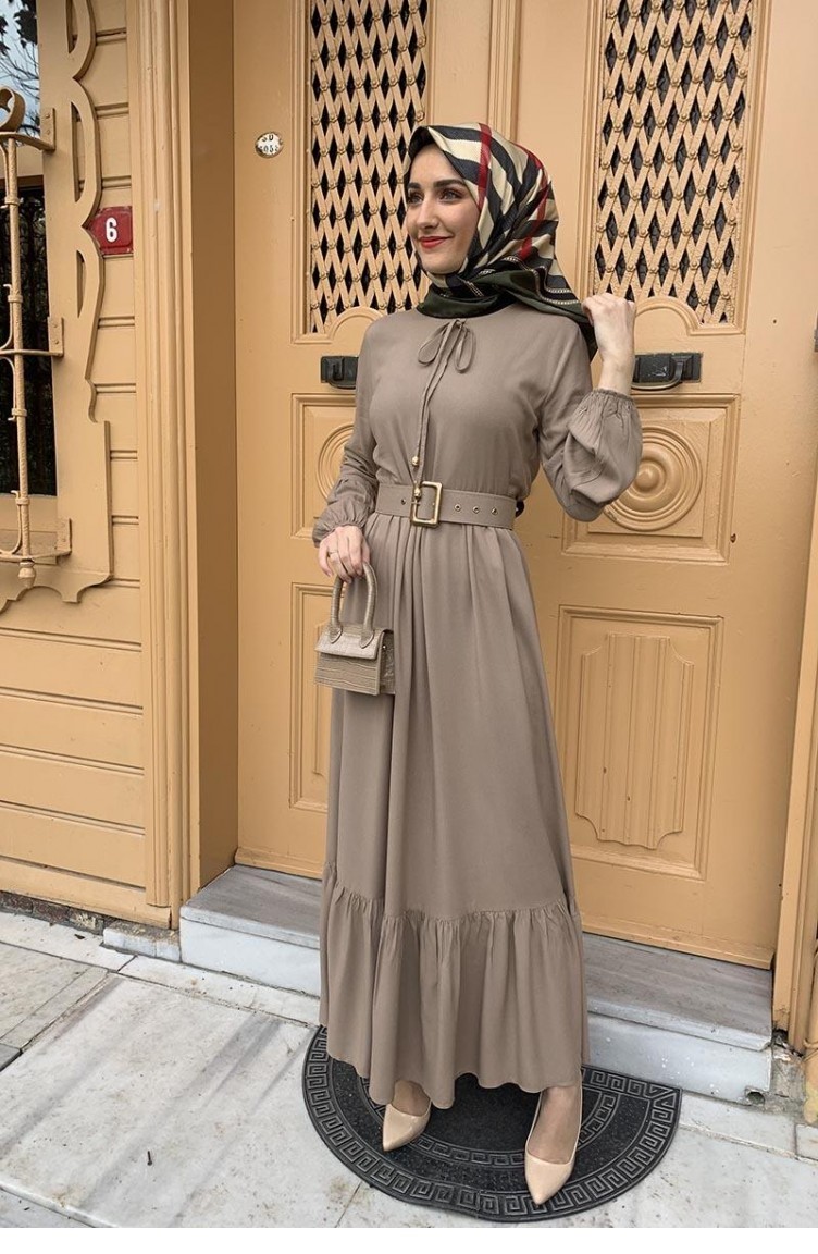 Robe Hijab Detaillee Avec Ceinture Vison 0220Sgs 5875 Sefamerve