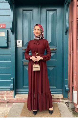 0220Sgs Belt Detailed Hijab Dress Cherry 5878