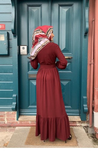0220Sgs Belt Detailed Hijab Dress Cherry 5878