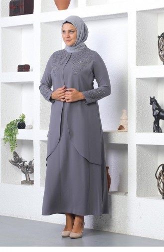 2021Smr Stone Embroidered Hijab Dress Gray 5891
