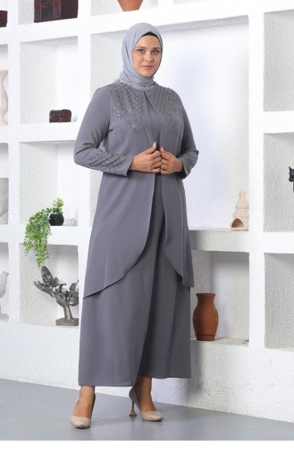 2021Smr Stone Embroidered Hijab Dress Gray 5891