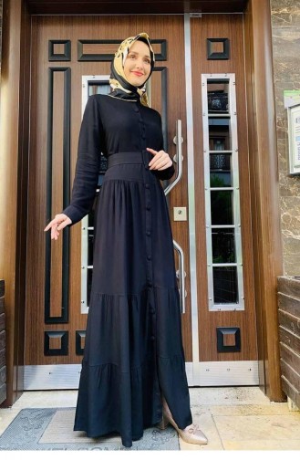 0222Sgs Geknöpftes Hijab-Kleid Schwarz 5906