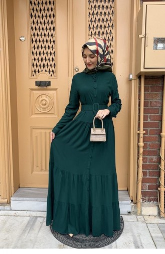 0222Sgs فستان حجاب بأزرار أخضر زمردي 5909