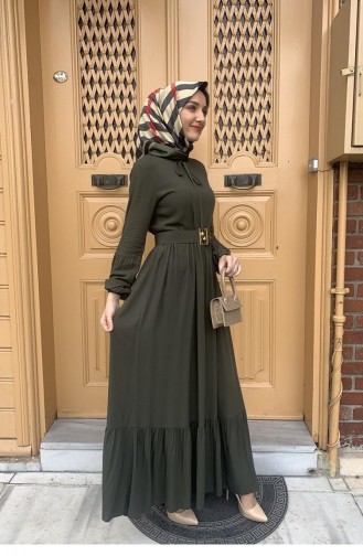 0220Sgs Gürtel Detailliertes Hijab-Kleid Khaki 5989