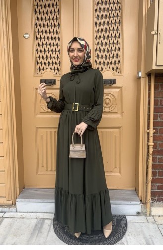 0220Sgs Belt Detailed Hijab Dress Khaki 5989