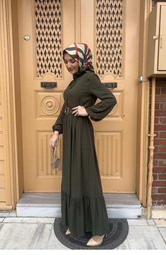0220Sgs Riem Gedetailleerde Hijabjurk Kaki 5989