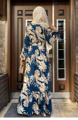 0228Sgs Palmiye Desenli Elbise Petrol Mavi