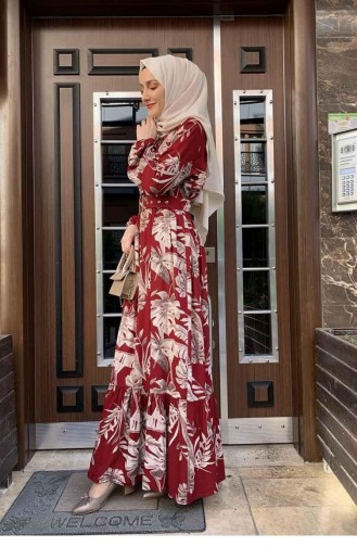 0228Sgs Palm Tree Patterned Dress Claret Red 6002