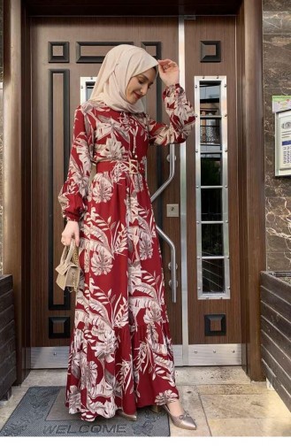 0228Sgs Palm Tree Patterned Dress Claret Red 6002