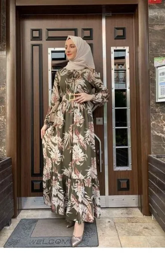 Palm Tree Patterned Dress 0228-04 Khaki 0228-04