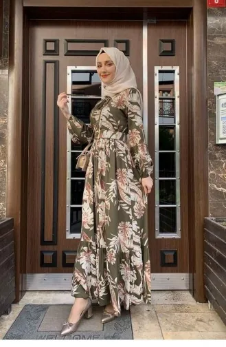 Palm Tree Patterned Dress 0228-04 Khaki 0228-04